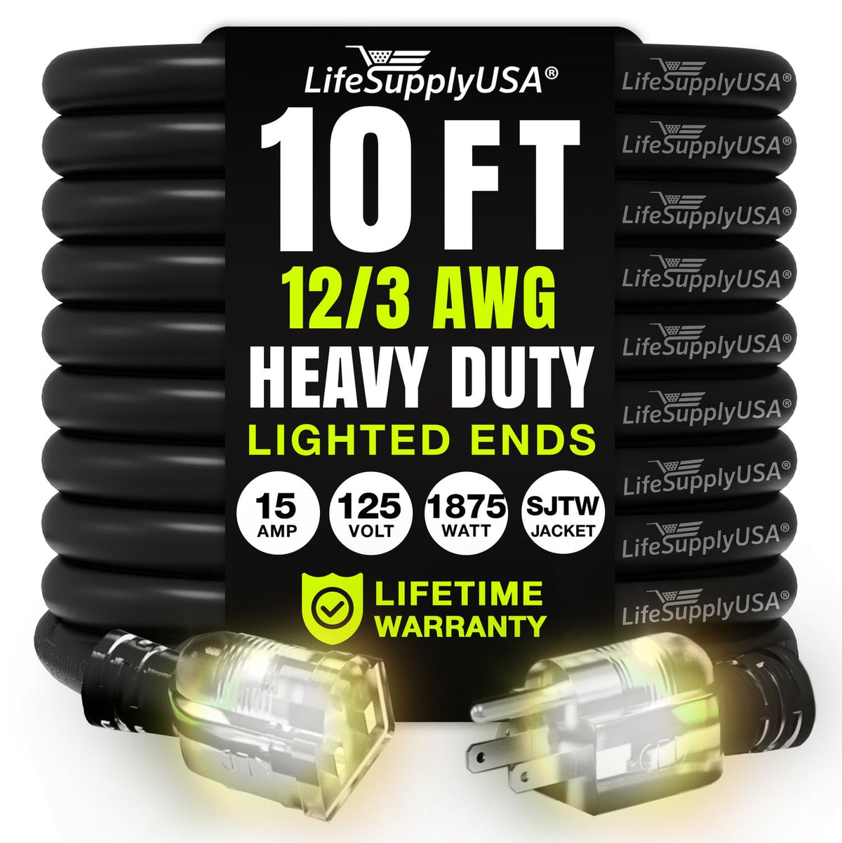 LifeSupplyUSA 12-3 gauge extension cord 10ft SJTW for outdoor use and reliability.