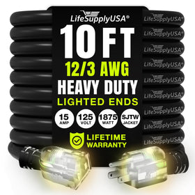 LifeSupplyUSA 12-3 gauge extension cord 10ft SJTW for outdoor use and reliability.