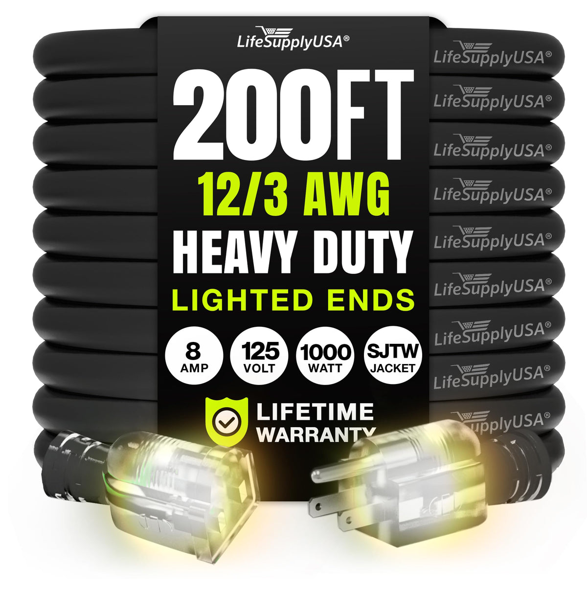LifeSupplyUSA 200ft extension cord lighted end improves visibility on dim jobsites.