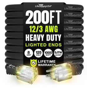 LifeSupplyUSA 200ft extension cord lighted end improves visibility on dim jobsites.