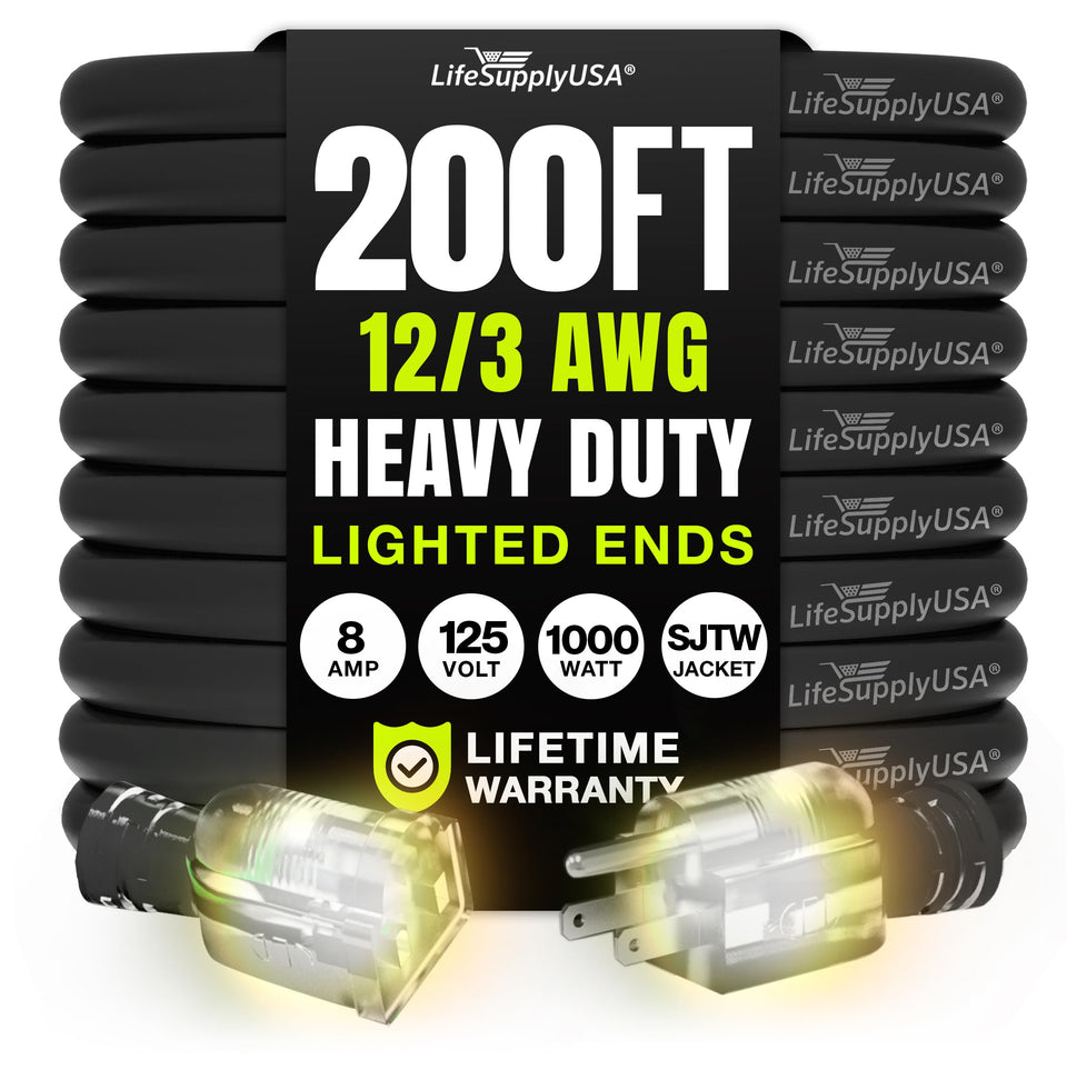 LifeSupplyUSA 200ft extension cord lighted end improves visibility on dim jobsites.