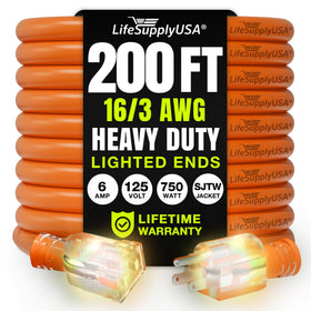 LifeSupplyUSA 200ft extension cord outdoor image highlights rugged, weatherproof power for construction and yard work.