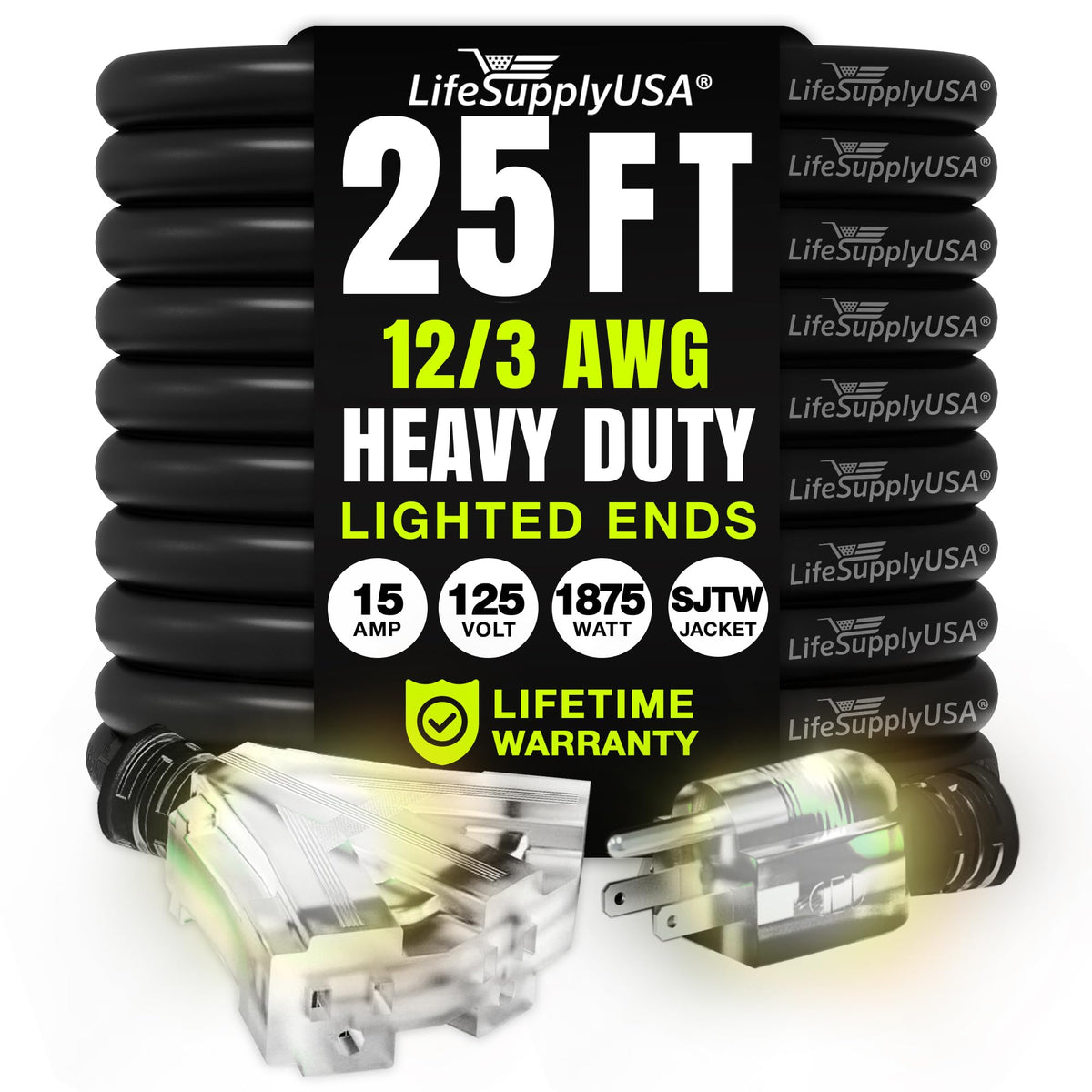 LifeSupplyUSA 25ft extension cord with three outlets for indoor and outdoor use