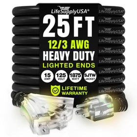 LifeSupplyUSA 25ft extension cord with three outlets for indoor and outdoor use