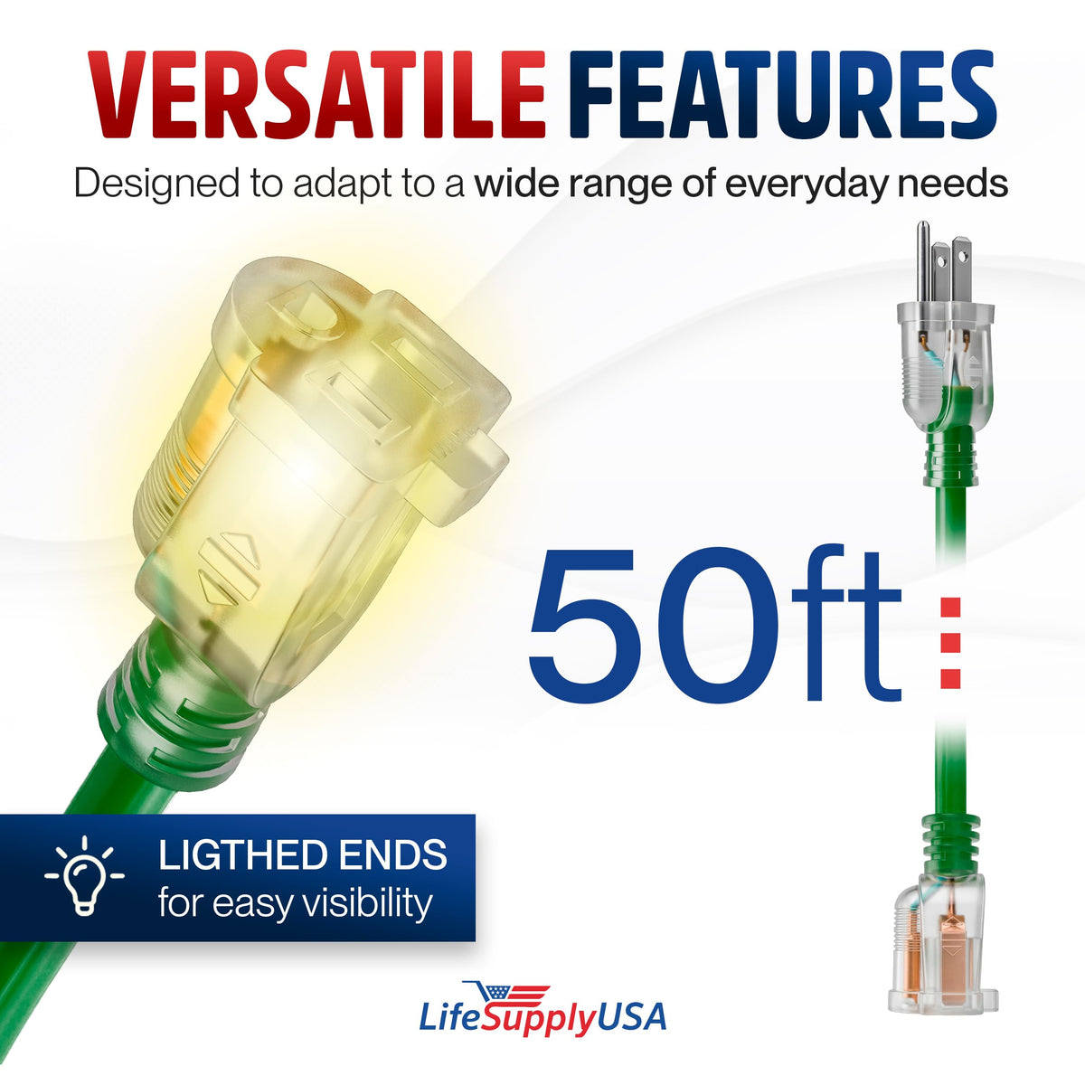 LifeSupplyUSA 3-prong 50ft extension cord, versatile for equipment and lights.