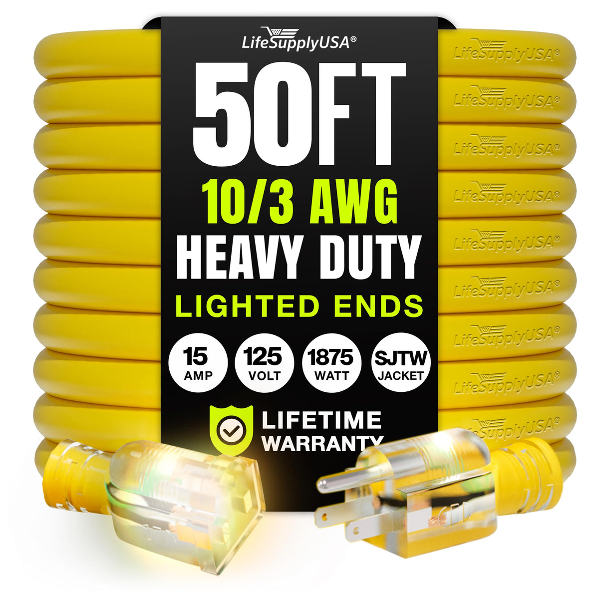 LifeSupplyUSA 50ft extension cord, indoor/outdoor use, high visibility and reliable reach
