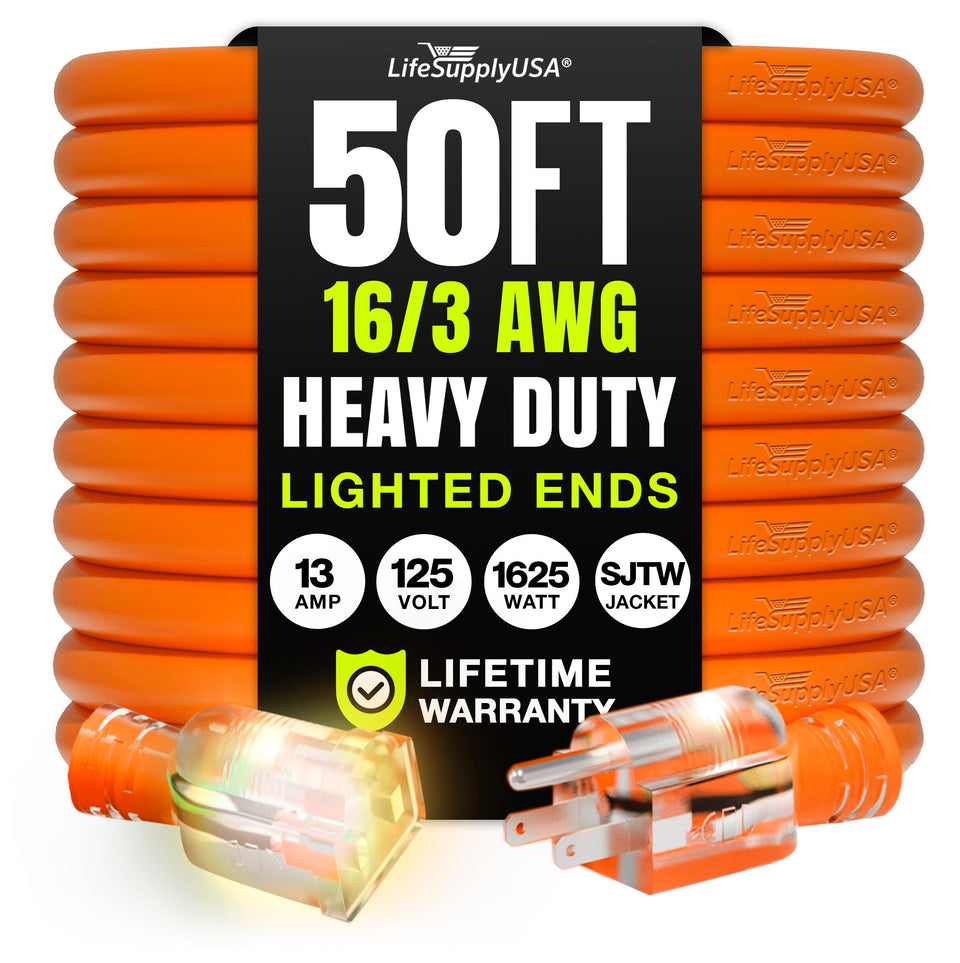 LifeSupplyUSA 50ft extension cord for indoor and outdoor use showing versatile power reach