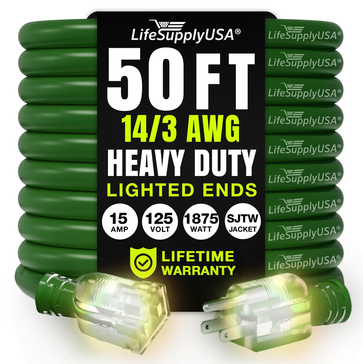 LifeSupplyUSA 50ft green extension cord for outdoor use, easy to spot and deploy