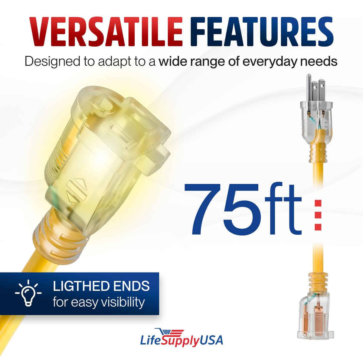 LifeSupplyUSA 10/3 gauge cord, 75ft, high-demand tool compatibility
