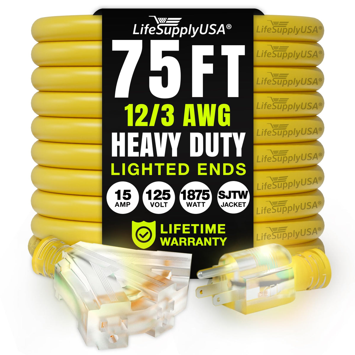 LifeSupplyUSA 75ft extension cord with outdoor-indoor visibility, ideal for long projects.