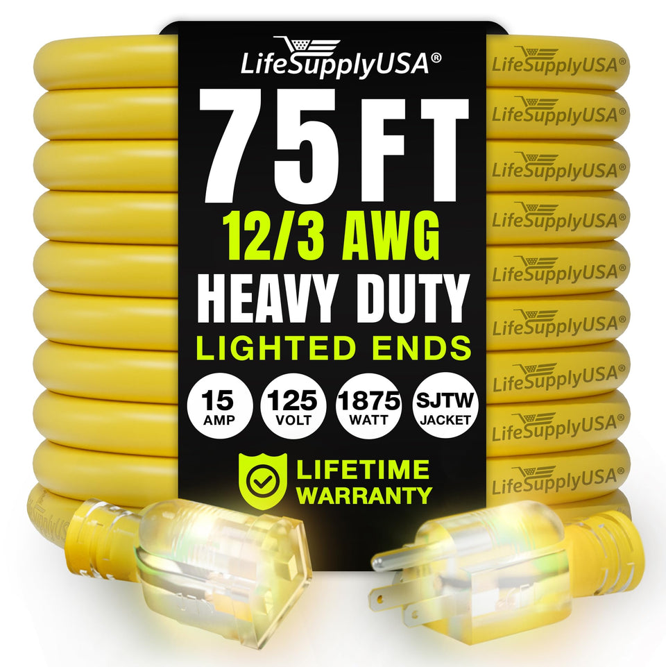 LifeSupplyUSA 75ft extension cord outdoor indoor shows reach for large projects