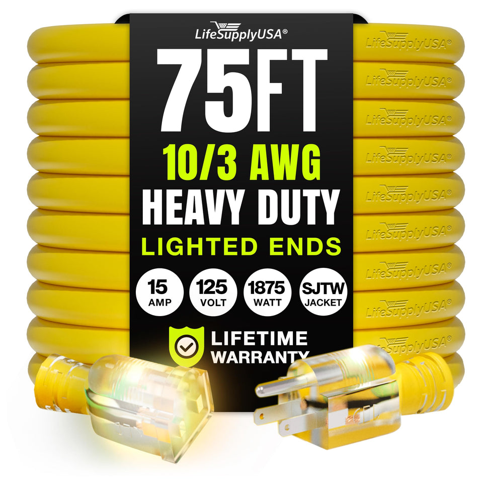 LifeSupplyUSA 75ft extension cord yellow coil, ideal for long outdoor or indoor runs