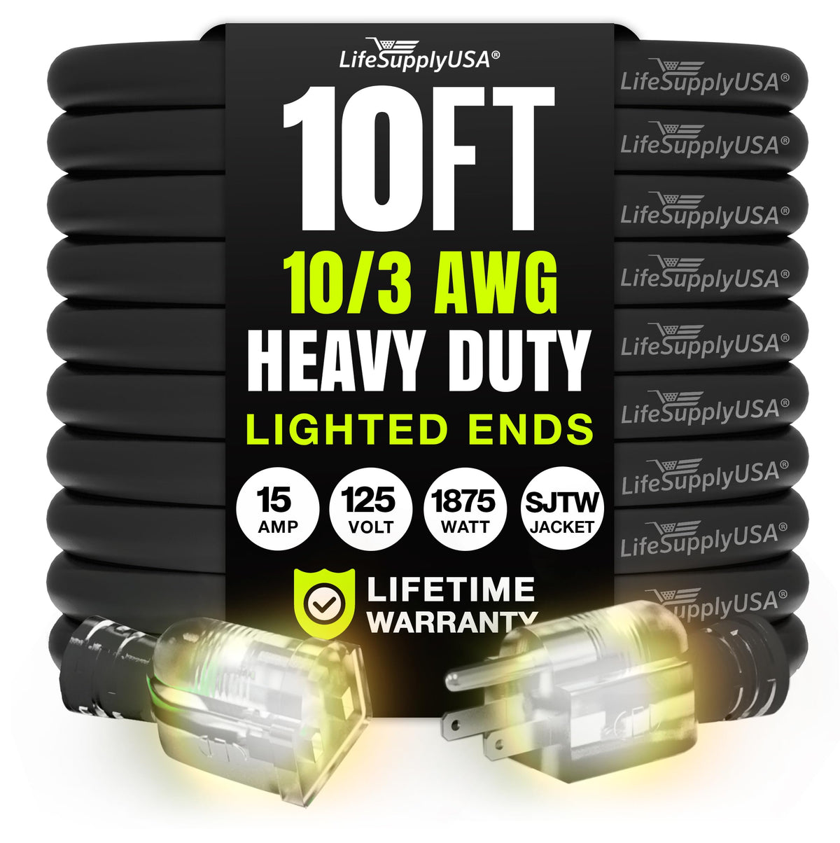 LifeSupplyUSA extension cord 10ft for indoor and outdoor use, versatile power access.