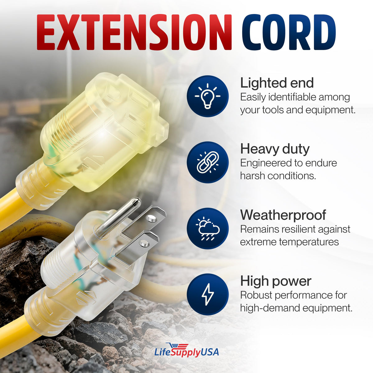 LifeSupplyUSA heavy-duty extension cord yellow, rugged outdoor performance and safety