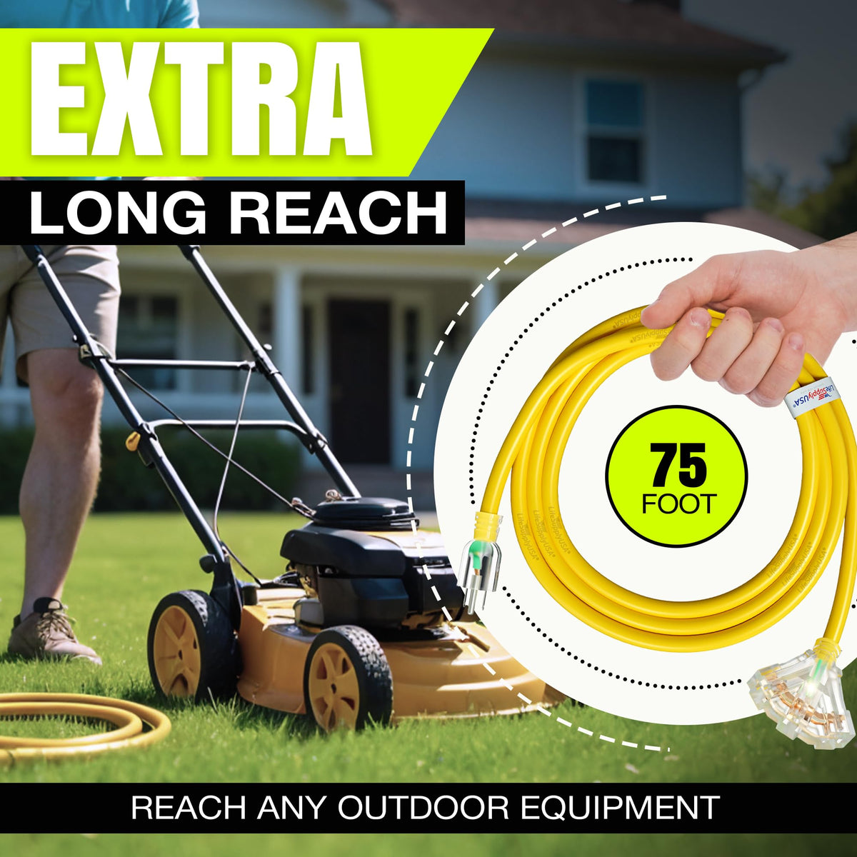 LifeSupplyUSA yellow extension cord with lighted end enhances nighttime safety.