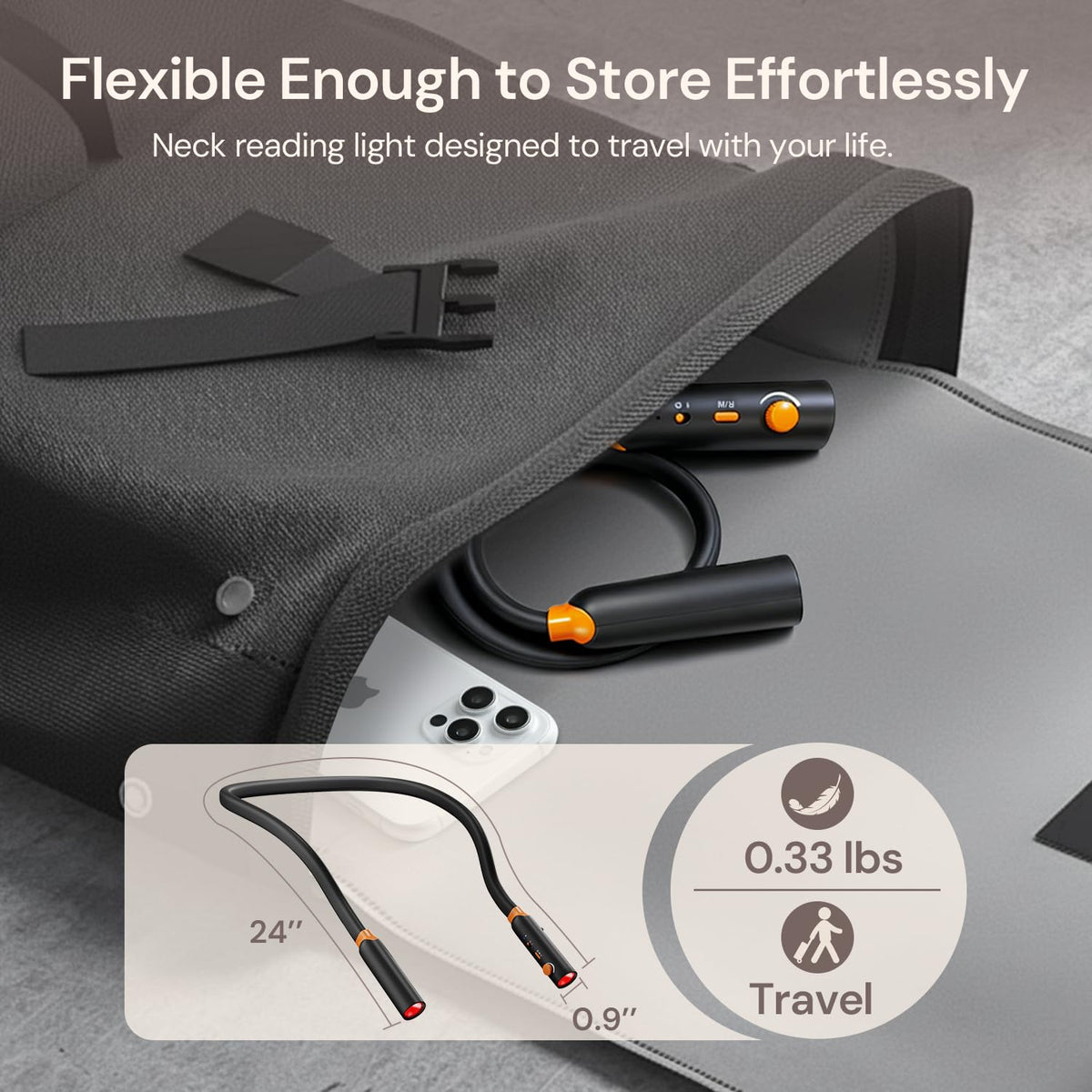 LifeZoom neck light with a focused 90-degree beam to illuminate pages clearly.