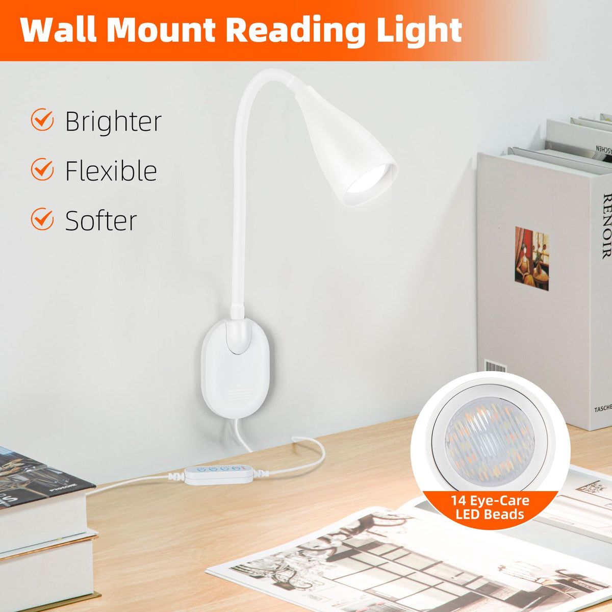LiFMIRA bedside wall lamp delivering wide 120-degree illumination for easy nighttime reading.
