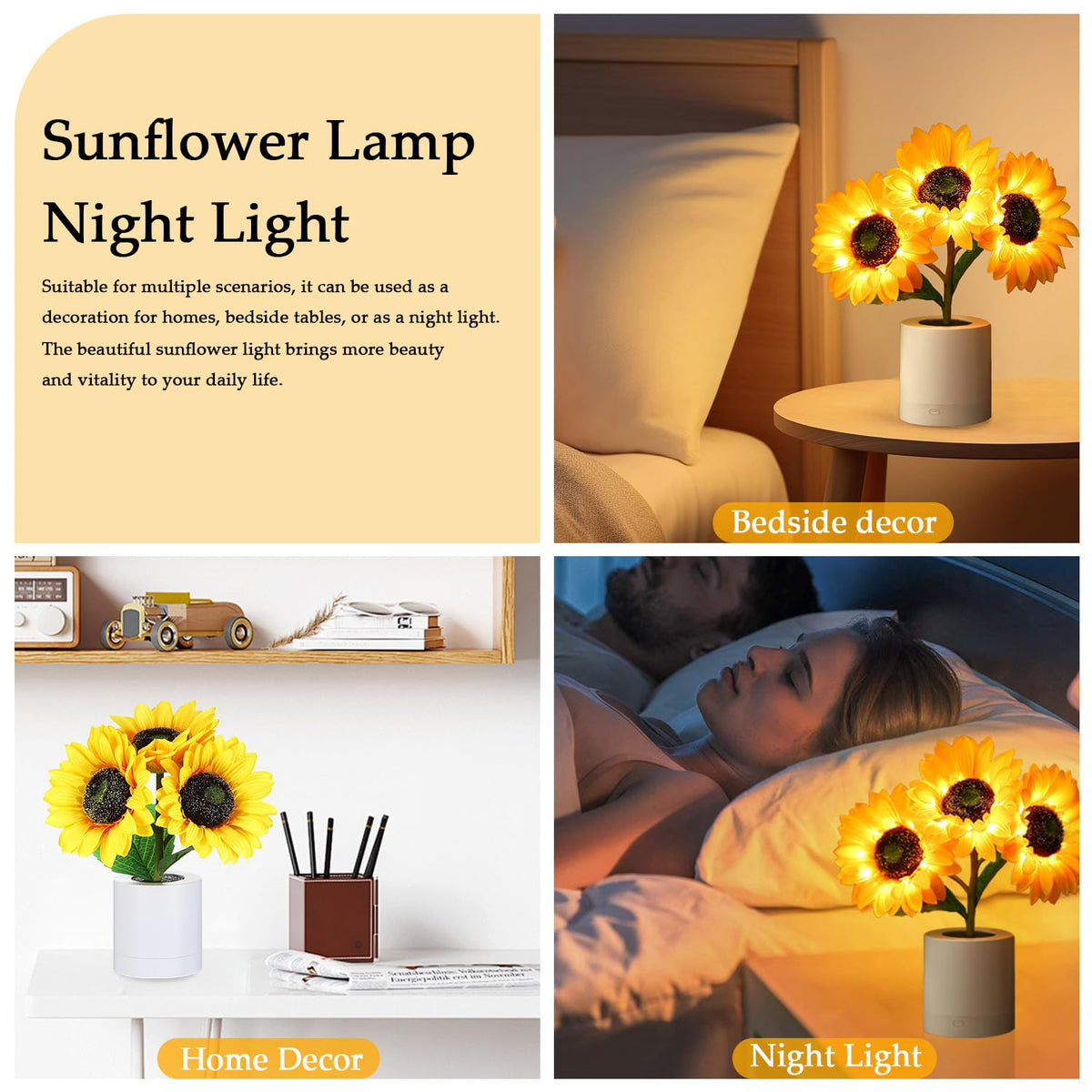 Lifnatty Sunflower Lamp rechargeable battery supports wireless placement.