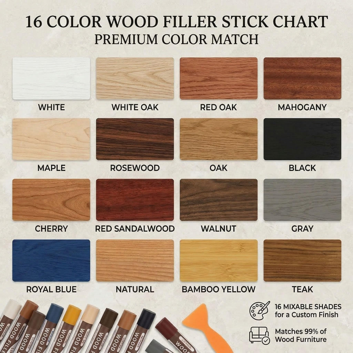 Lifreer Wood Filler Sticks versatile on furniture, floors, and cabinets