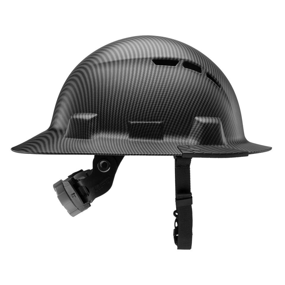 LIFT IDAX full brim hard hat with carbon fiber pattern offering durable protection for demanding work sites.