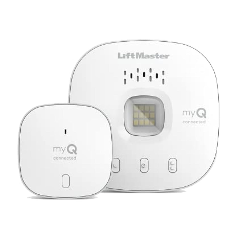 LiftMaster myQ smart garage control white hub with compact design for easy garage management.