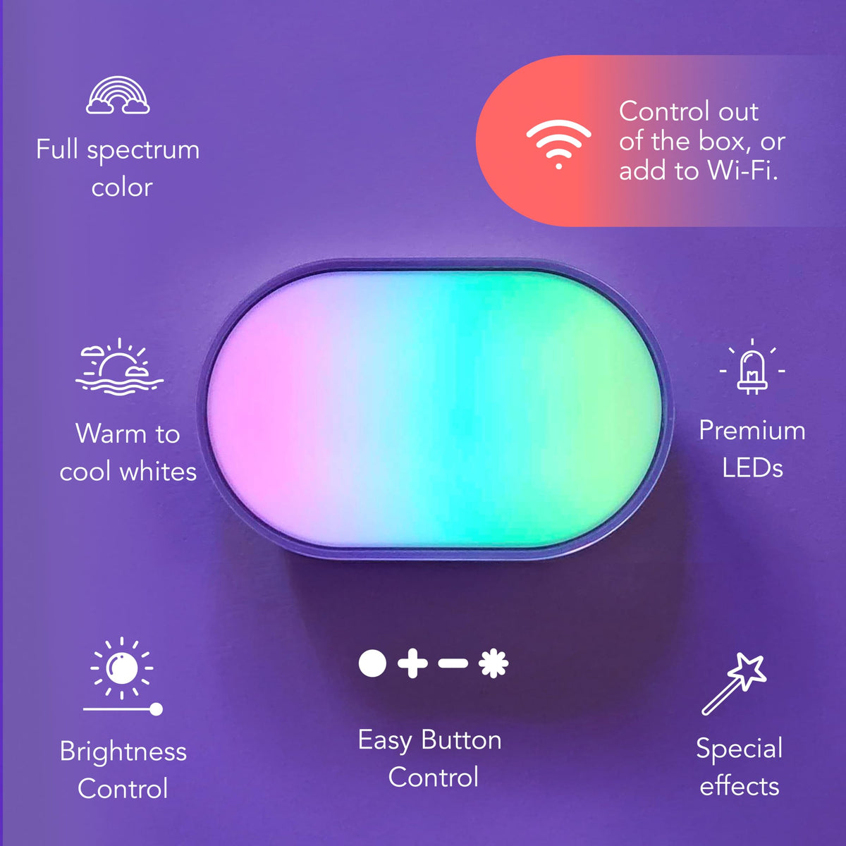 LIFX Luna wall-wash demonstrates even color glow for ambient living room illumination.