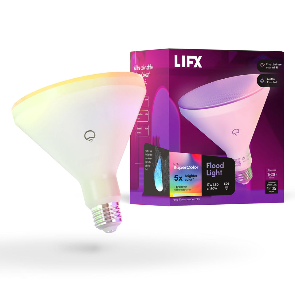 LIFX PAR38 outdoor flood light on porch for weatherproof, bright illumination.