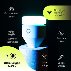 LIFX SuperColor A21 in a ceiling fixture lighting a modern living room