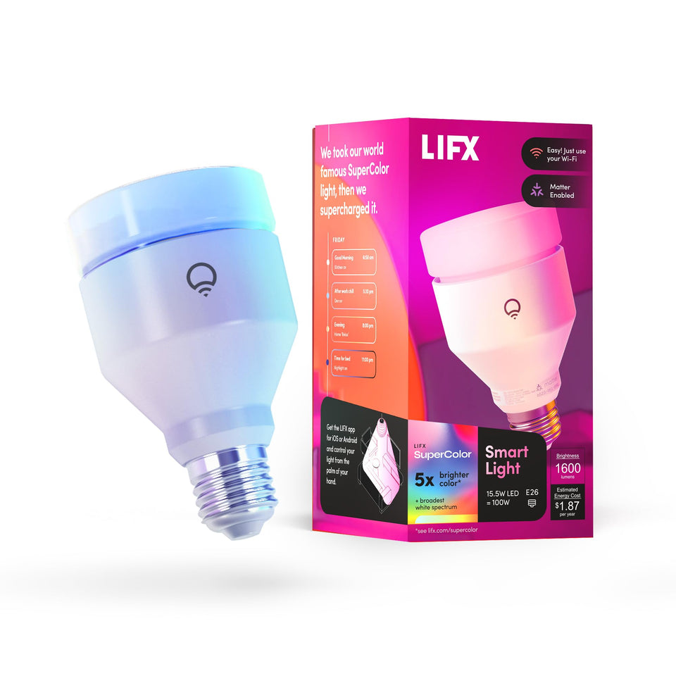 LIFX SuperColor A21 bulb displaying vibrant RGB colors to illuminate a living room