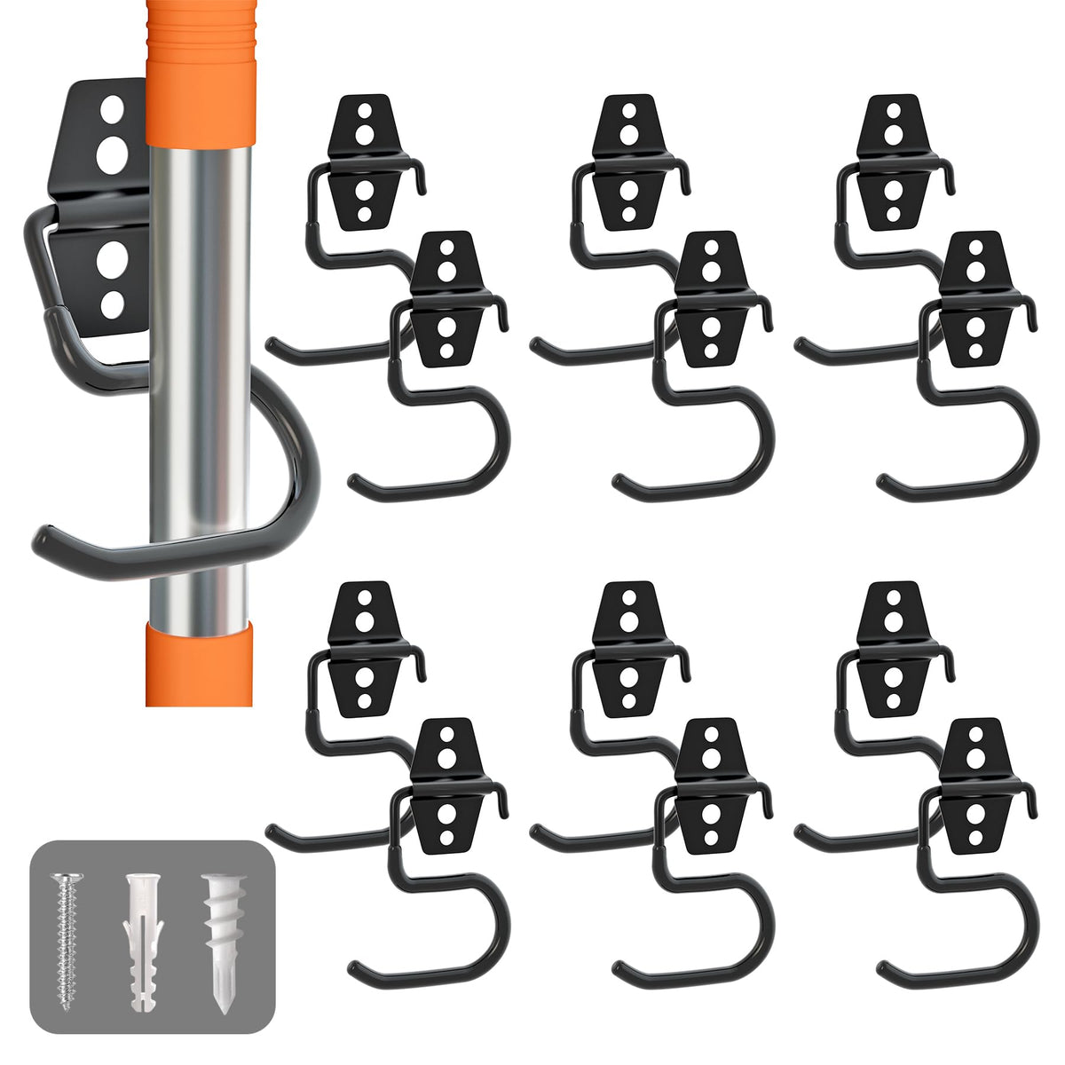 Light Dust garage and shed organization with wall-mounted tool hooks.