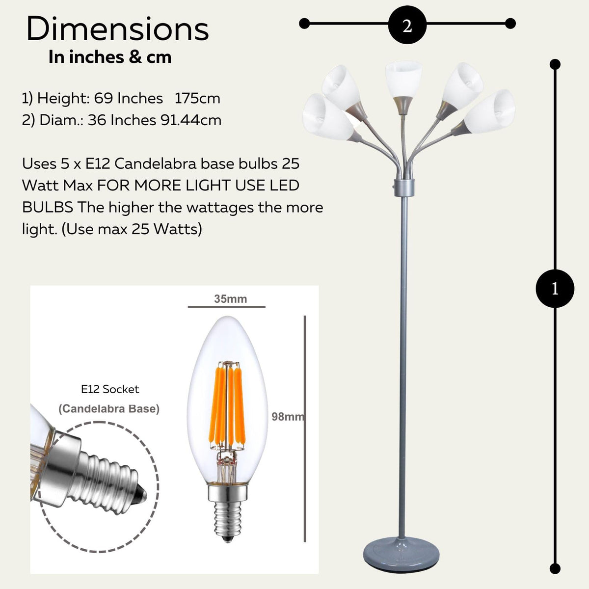 Five white acrylic shades diffuse light for soft ambient illumination.