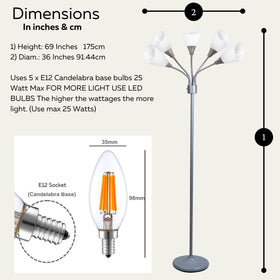 Five white acrylic shades diffuse light for soft ambient illumination.