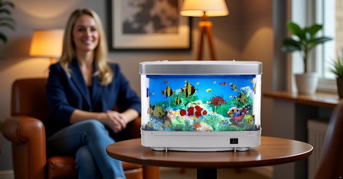 Lightahead office stress-relief aquarium illuminates a tranquil workspace.