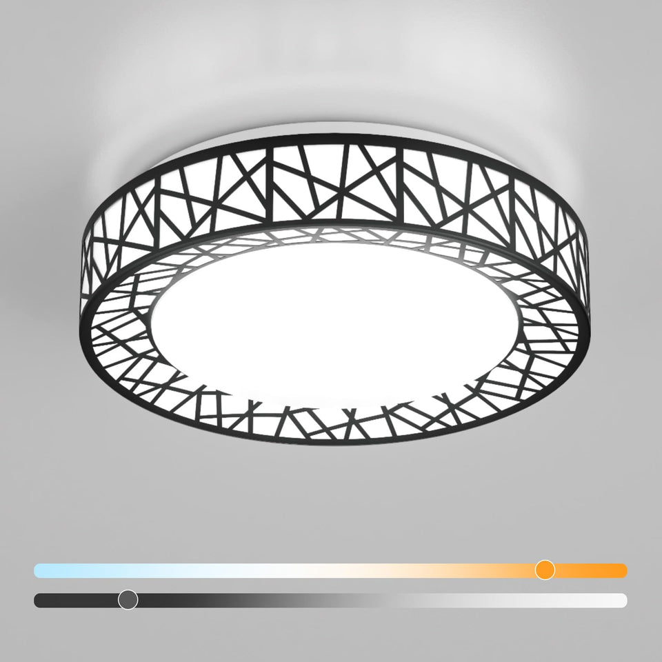 Lightania 12-inch flush mount with black frame for a sleek, modern ceiling.