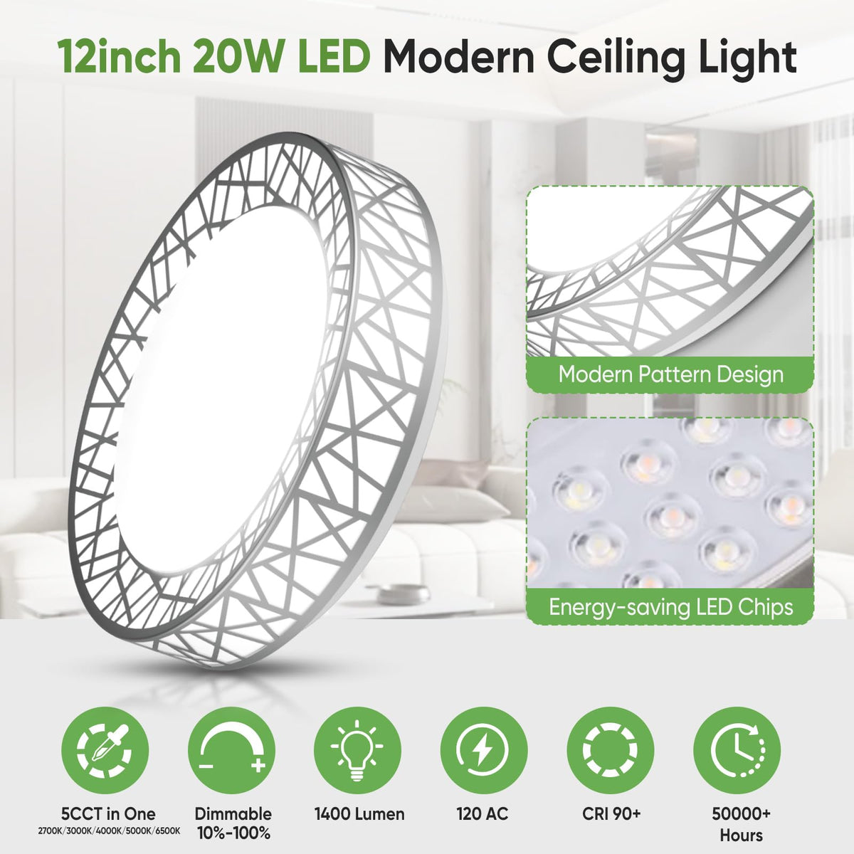 Lightania LED ceiling light, 20W, 1400lm, delivers bright, even illumination for living spaces.