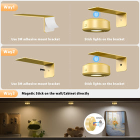 Lightbiz rechargeable wall lights provide even coverage across gallery walls.