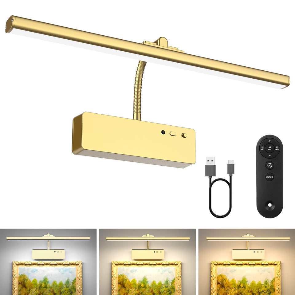 Lightbiz gold picture light on 15-35 inch artwork with even illumination.