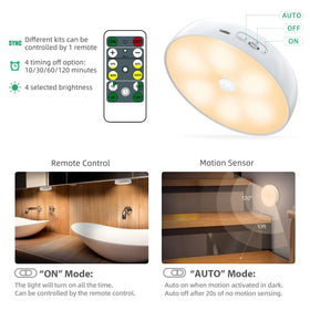 Lightbiz remote-controlled puck light demonstrates dimming and ON mode.