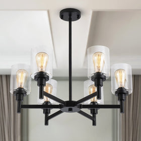 LIGHTDAMY black chandelier with six clear glass shades hangs above the dining table.