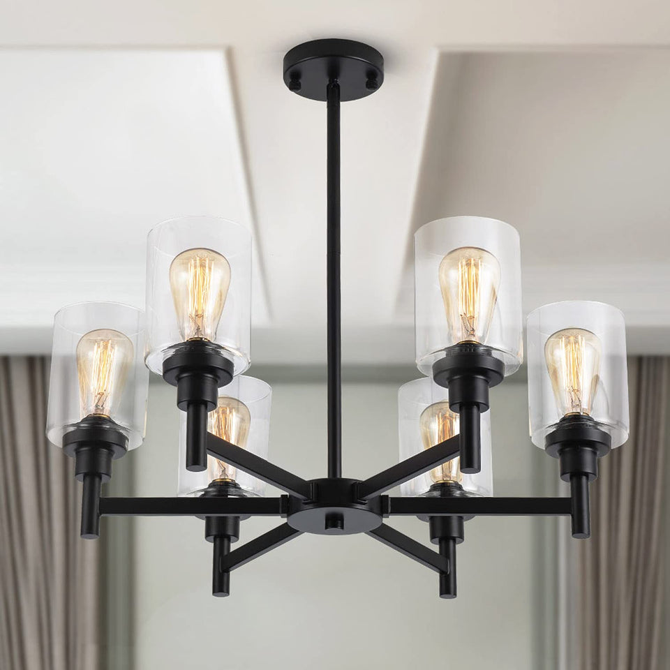 LIGHTDAMY black chandelier with six clear glass shades hangs above the dining table.