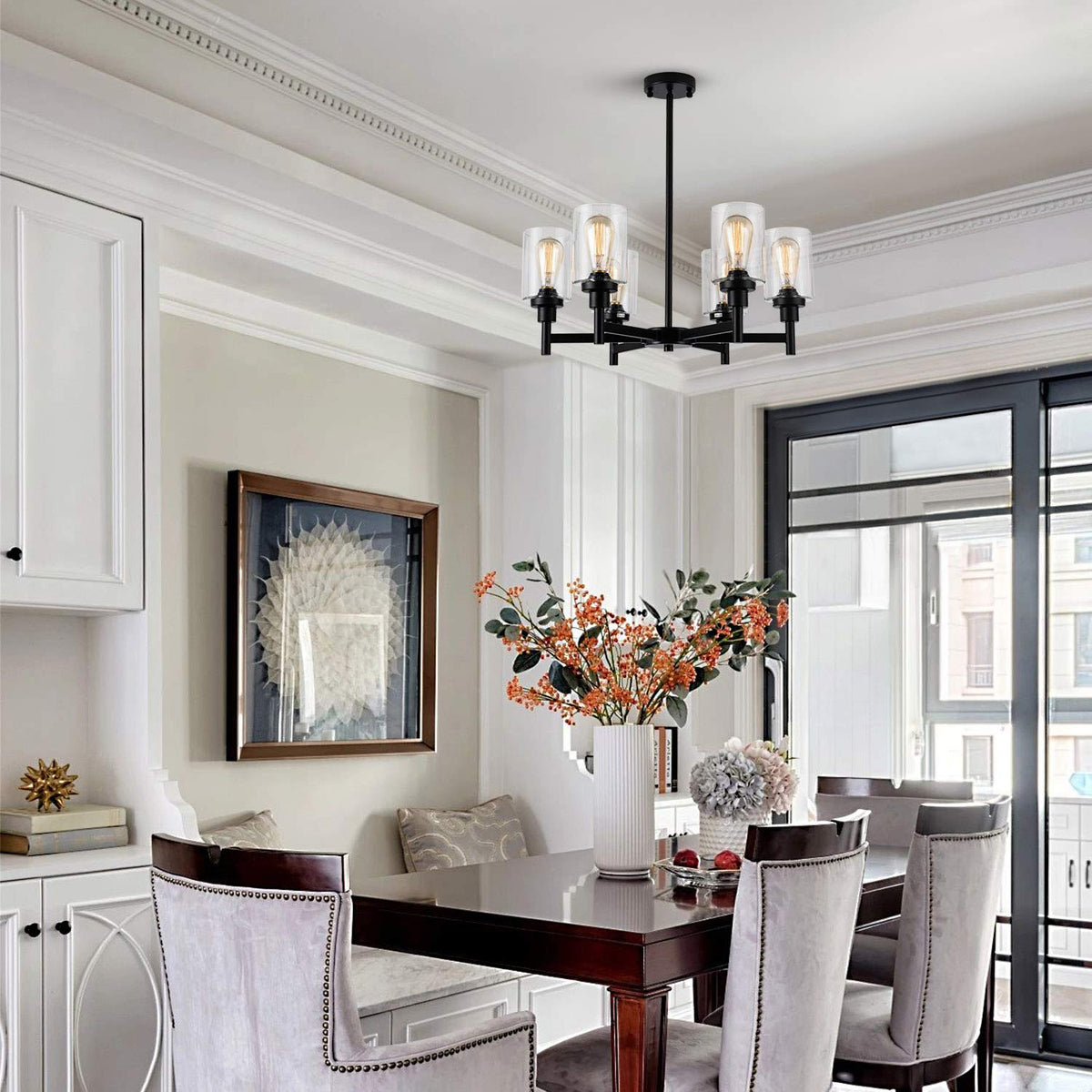 LIGHTDAMY farmhouse chandelier delivers elegant living room lighting with transparent glass accents.