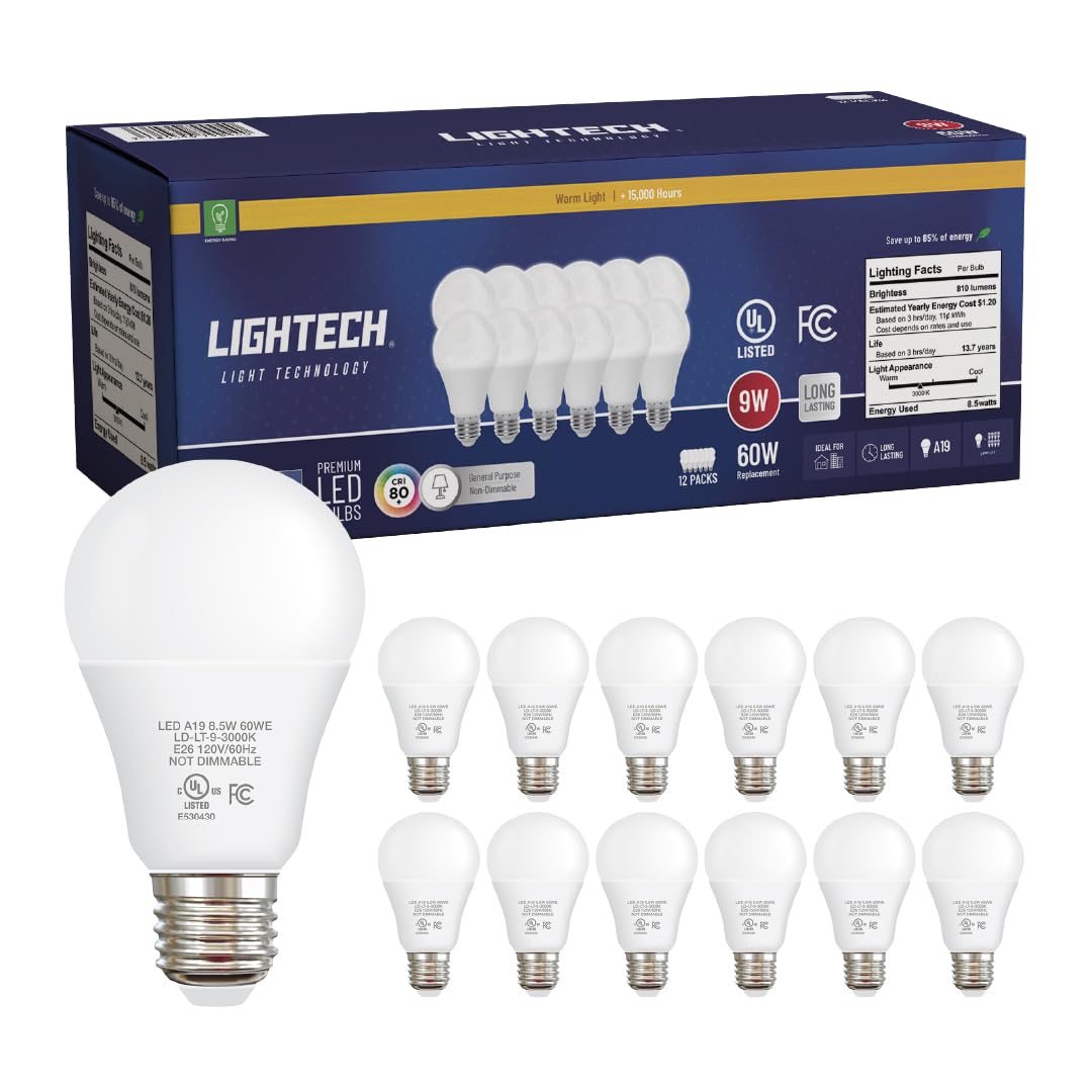 Lightech A19 LED bulb 12-pack with soft white glow for whole home lighting.