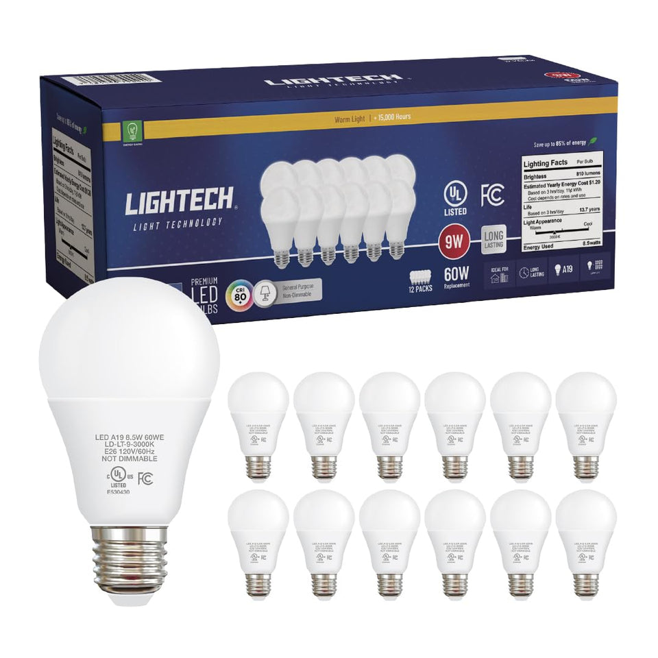 Lightech A19 LED bulb 12-pack with soft white glow for whole home lighting.