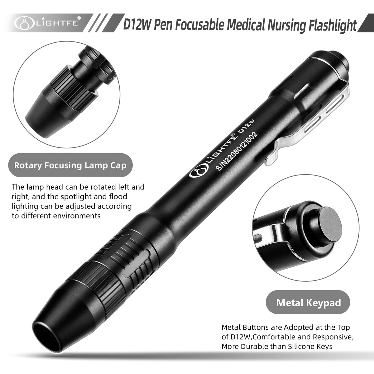 Lightfe pen light with zoom lens for focused illumination.