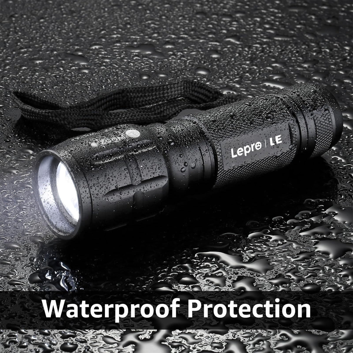 Lighting EVER LED flashlight aluminum body with IPX4 water resistance for durability.