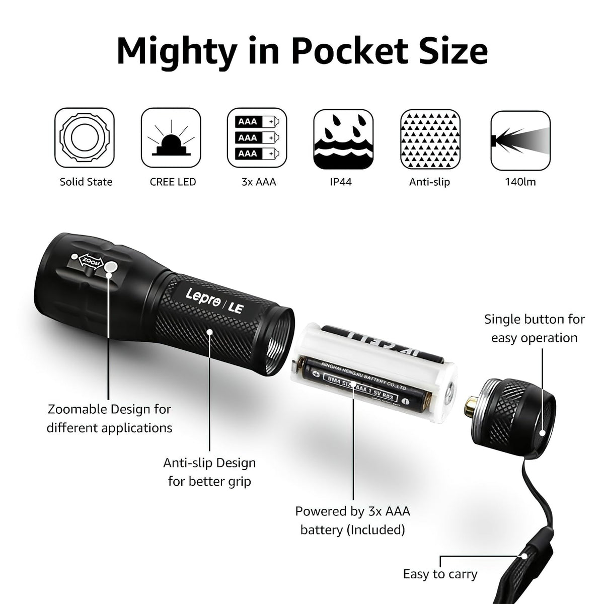Lighting EVER LED flashlight includes AAA batteries for immediate use.