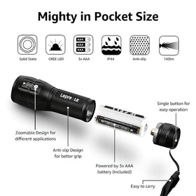 Lighting EVER LED flashlight includes AAA batteries for immediate use.