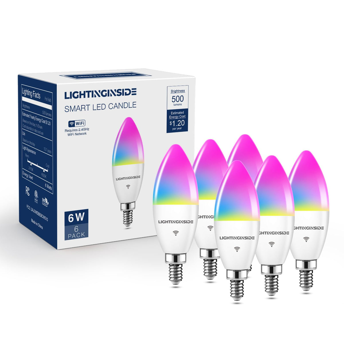 Lightinginside E12 smart bulbs in a 6-pack for versatile home lighting.