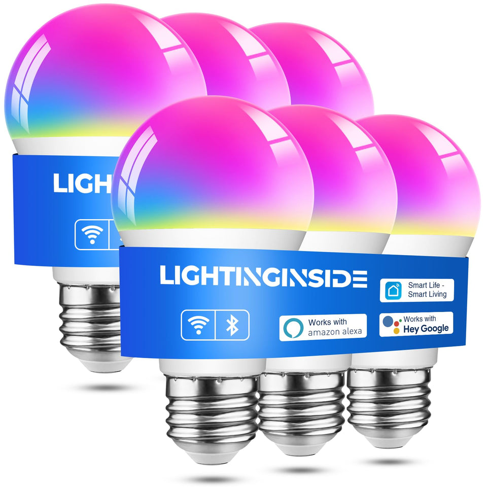 Lightinginside smart bulbs pack in box illustrating quick setup and 2.4GHz WiFi compatibility