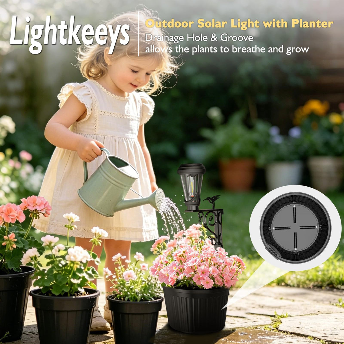 Lightkeeys IP65 waterproof planter light withstands rain and sun.